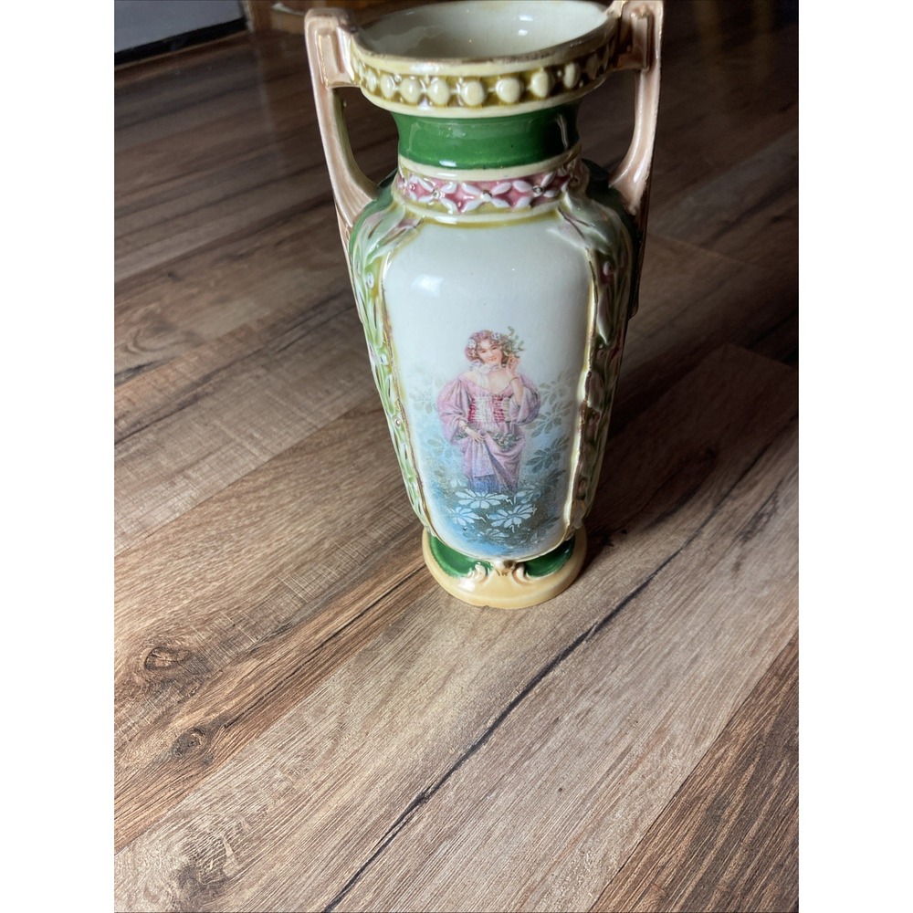 Vtg Majolica Pitcher Vase Art Nouveau French Transferware Cobalt 6.5" Grannycore